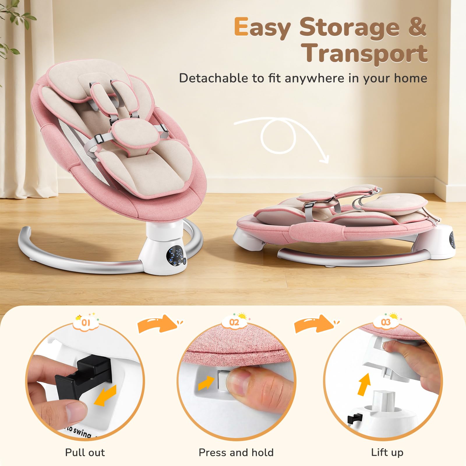 Transat Bébé Électrique avec Dossier Réglable sur 2 Niveaux – Application et Télécommande Balançoire Électrique pour Bébé, 12 Sons et Prise en Charge Bluetooth, 2 Options D'alimentation (Rosa)