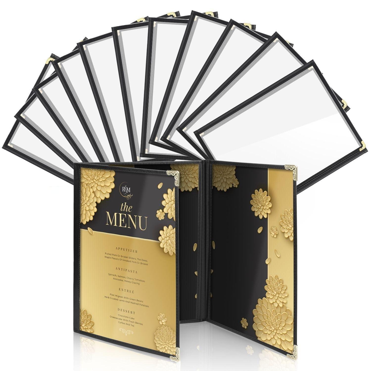 Flexzion Menü-Abdeckungen, passend für 23.9 x 32.4 cm Papier – Restaurant dreifach genähte Ordnerhüllen, mit transparenten PVC-Blättern, schwarzer Bindung für Deli Cafe Getränke-Bar 12er Pack