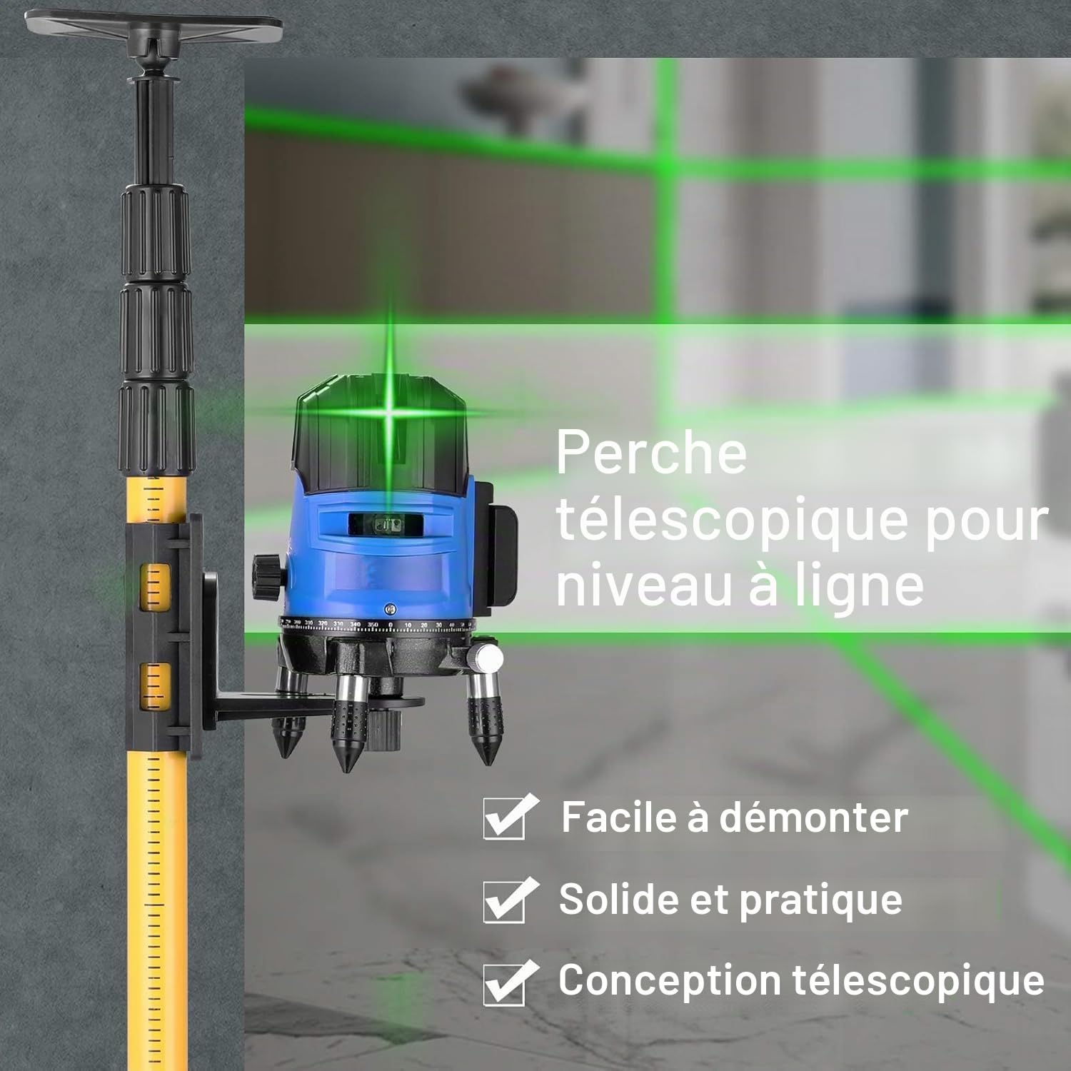 Tige Telescopique Niveau Laser, Support Laser, Mât Télescopique de Nivellement,115 à 280 cm de Hauteur, avec Table Élévatrice pour Lasers Rotatifs et à Lignes,Pour Laser à Lignes Croisées de 360°