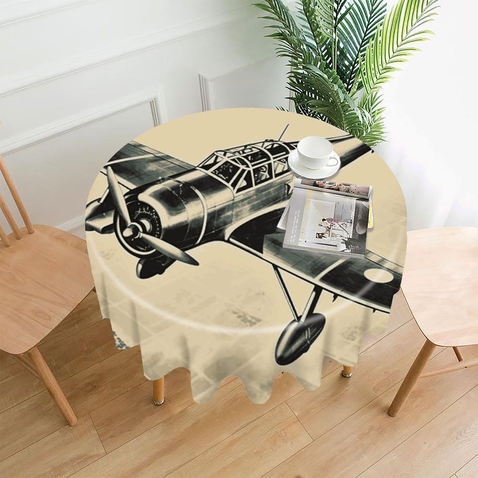 VstaDank Retro Airplane Table Cloth Fashions Washable Round Tablecloth Decorative Table Cover Comfortable Straight Edge Tablecover for Dining Kitchen Party Outdoor 60 Inch