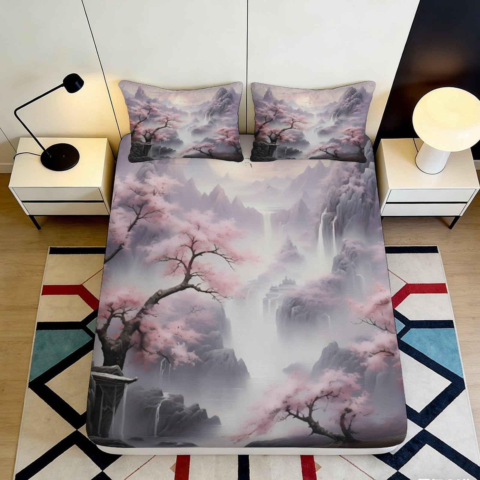 3D Printed Cherry Blossom Waterfall Fitted Sheet Microfiber Anti-Slip Bed Sheet Bedroom Guest Room Dustproof Decor 90x200x25cm