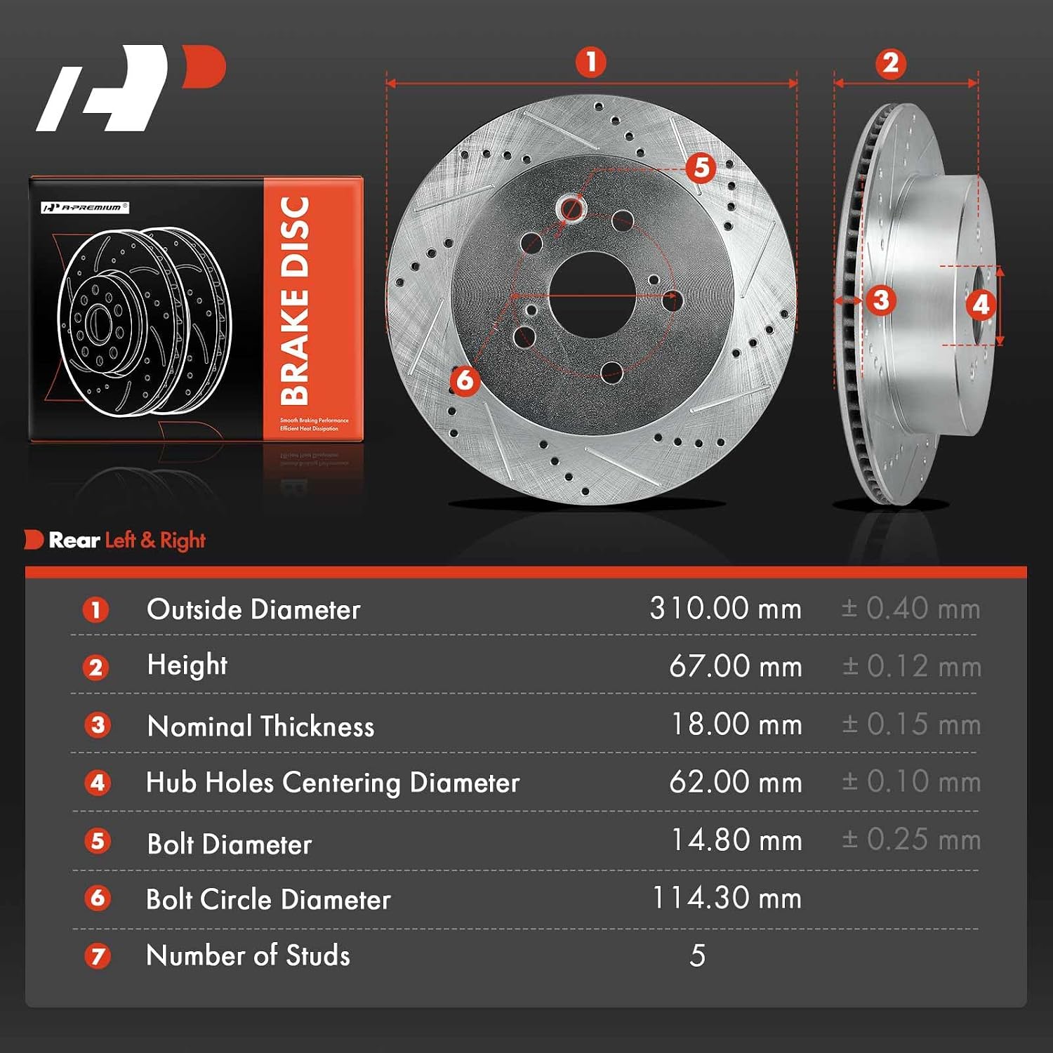 A-Premium 12.20 inch (310.00mm) Rear Drilled and Slotted Disc Brake Rotors Compatible with Lexus Models - IS250 2010-2015, IS350 2006-2015, GS300 2006, GS350 2007-2011, GS430, GS450h, GS460, 2-PC Set
