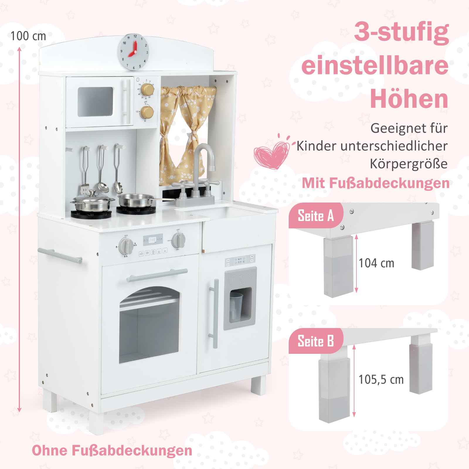 COSTWAY Kinderküche inkl. Zubehör, Spielküche höhenverstellbar mit Mikrowelle, Herd, Spüle, Ofen & Eismaschine, Spielzeugküche Holzküche für Kinder ab 3 Jahren