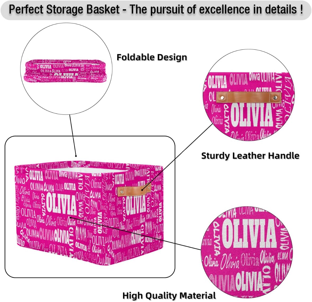 Personalized Foldable Storage Basket with Name, Laundry Hamper Dirty Clothes Pet Toys Storage Bin with Handles for Shelf Home Closet Kitchen, Deep Pink Color