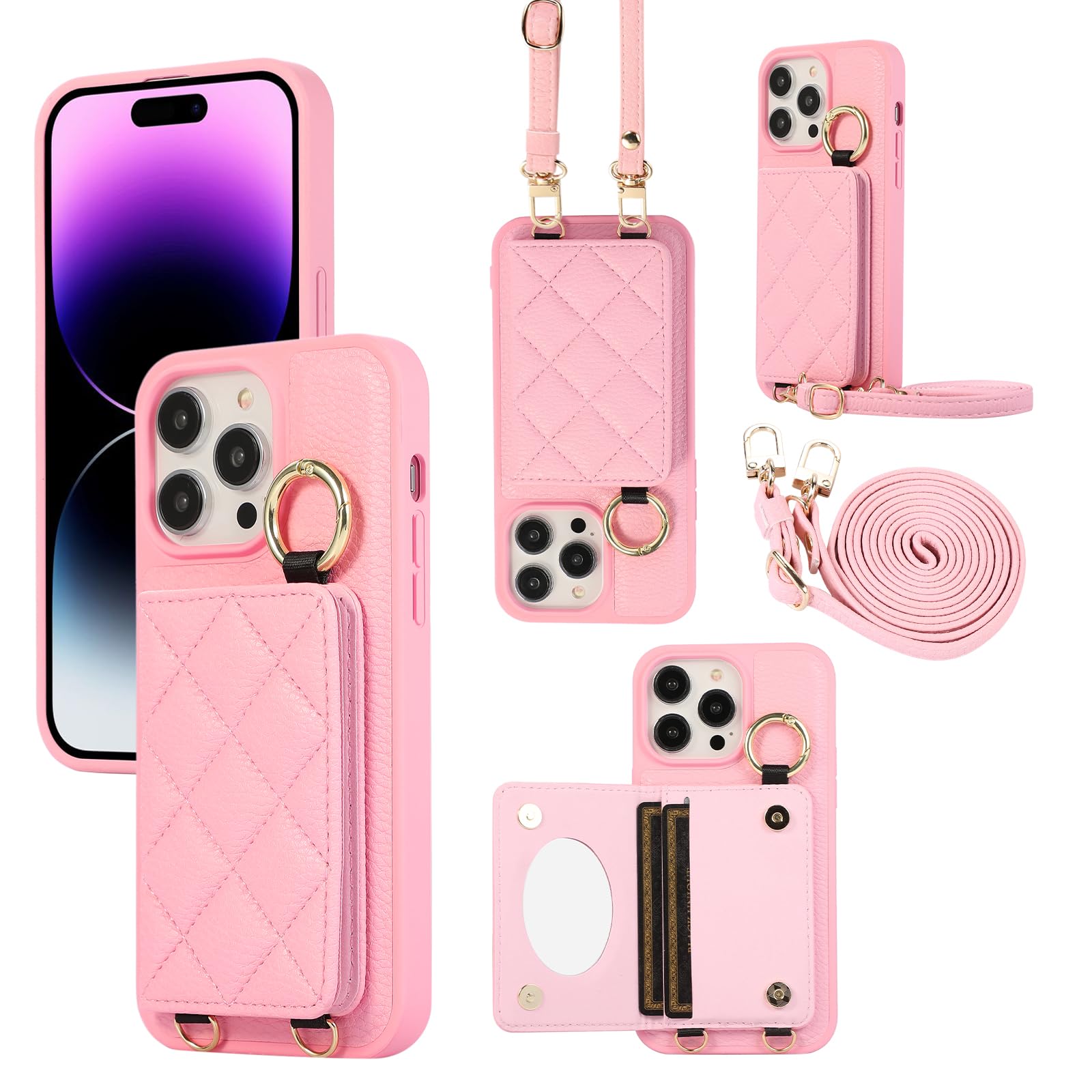 DGSZYZKJ Case for iPhone 16e Shockproof Phone with Adjustable Necklace RFID Wallet Case Card Tray with Band Ring Stand Makeup Mirror Cover - Pink