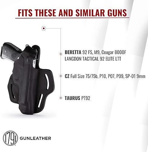 Miniatura 3 de 1791 - Beretta 92fs - Funda de piel para pistola de cuero OWB para diestros, compatible con Beretta 92FS, 90TWO, M9  CZ 75,75b P07, P10, SP-01, P09