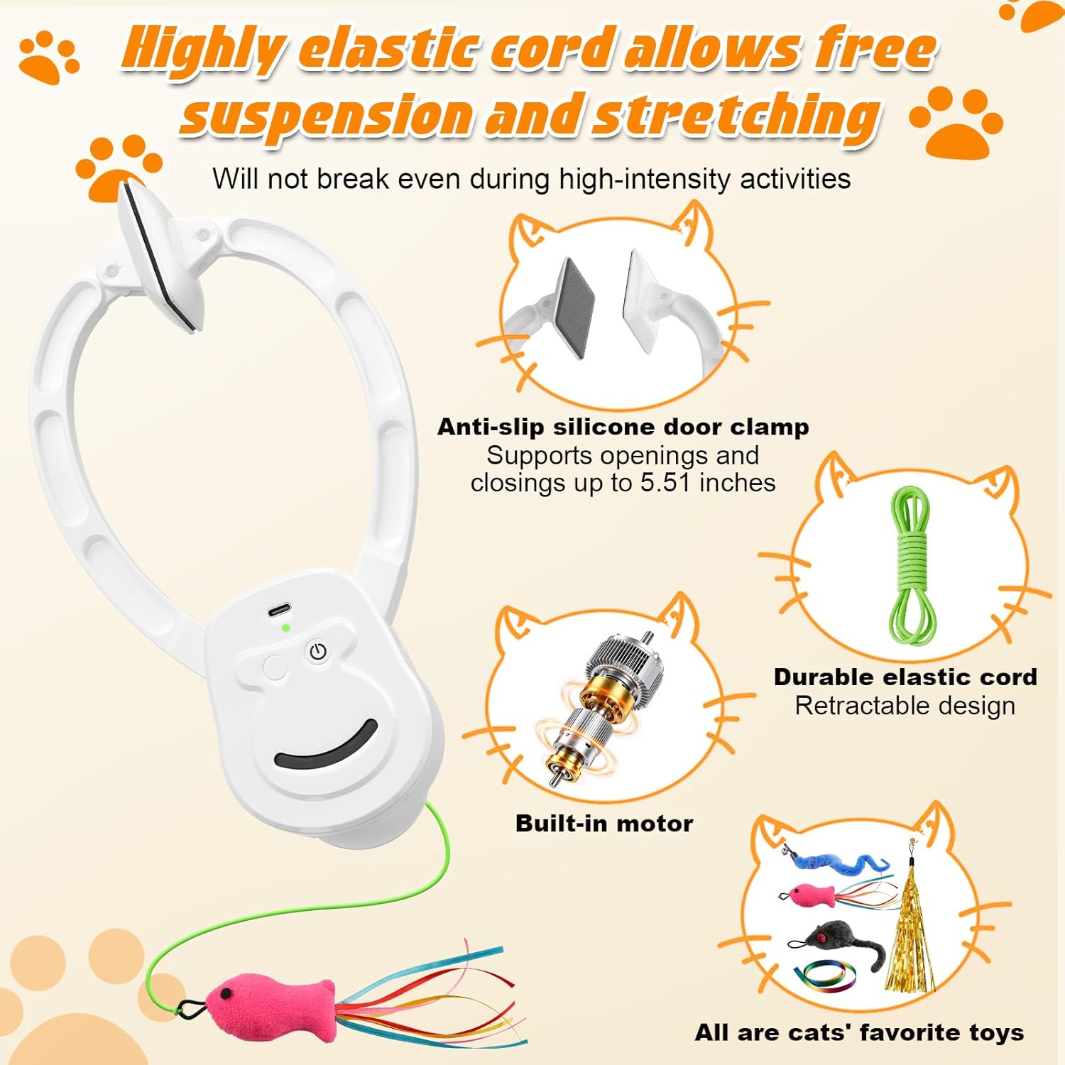 Automatic Interactive Cat Toy Rechargeable, Hanging Cat Toy, Cat Door Toy, Cat Enrichment Toys for Indoor Cats & Kitten, Doorway Electric Cat Teaser for Exercise, Boredom Relief & Fun Games
