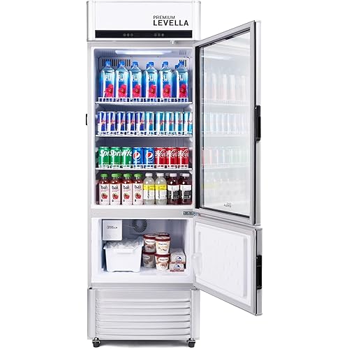 PremiumLevella PRFIM1256DX Single Glass Door Merchandiser Refrigerator-Freezer with Automatic Ice Maker Display Beverage Cooler-12.5 cu ft-Silver