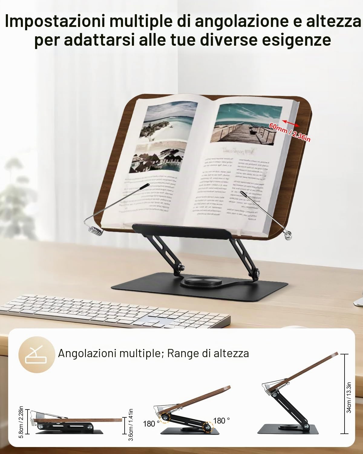 Leggio per Libri in Legno, Supporto Libri per Lettura con Base Girevole a 360°, Altezza Regolabile Bookstand, Pieghevole, per Libri, Cuochi, Tablet, Spartito (01)