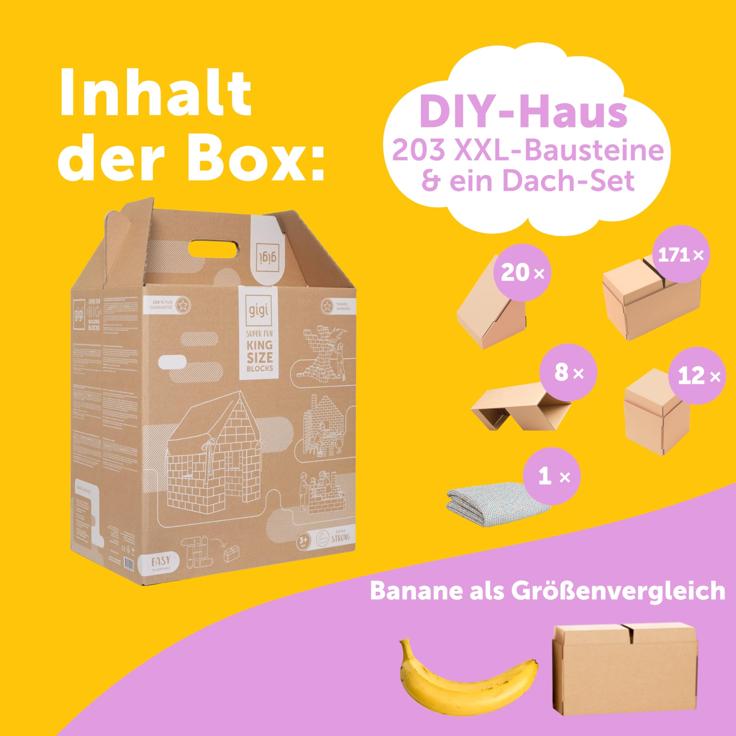 Gigi Bloks Spielhaus Kinder Indoor | Baukit mit 203 XXL Bausteine zum Erstellen von Papphaus für Kinder | Robustes Kinderbett Haus Konstruktionsspielzeug & Einfach zu Montierende Spielzelt