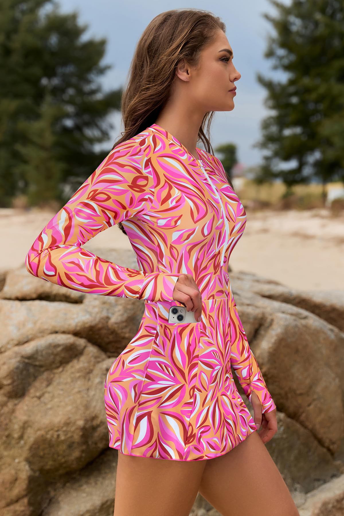 SHEKINI Costume da bagno da donna con protezione solare, a maniche lunghe, con cerniera, protezione UPF 50+, costume da bagno