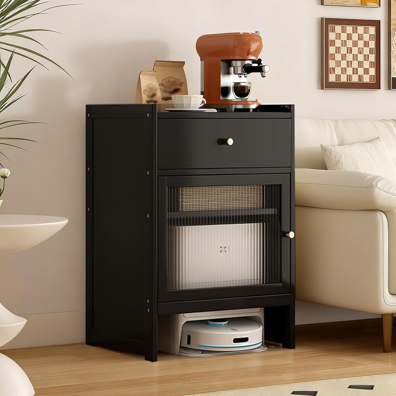 Robot Vacuum Stand Cabinet, Sweeping Robot Storage Rack with Doors and Drawer, Side Table Storage Cabinet with Adjustable Shelf, for Living Room Kitchen Space Saver(Black)