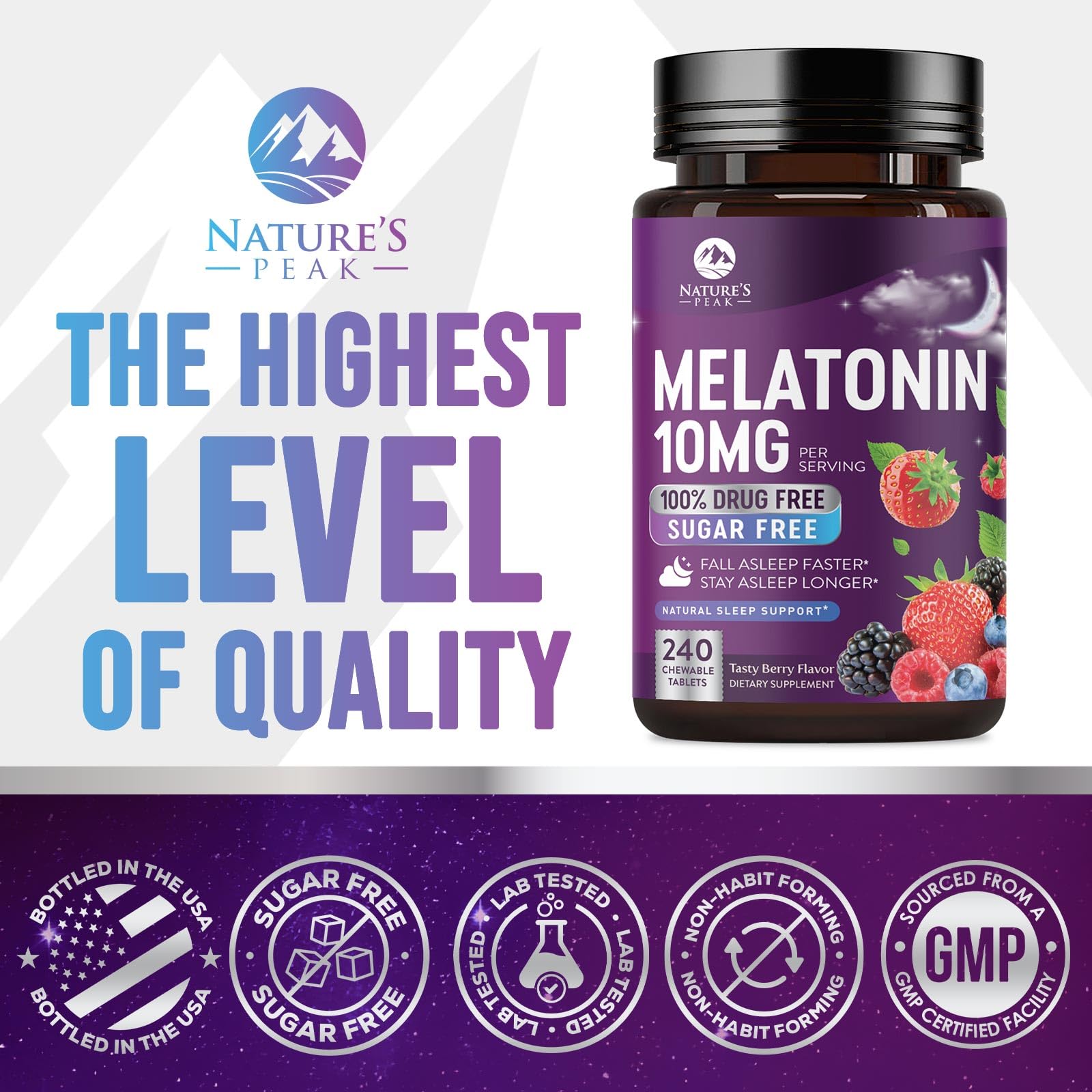 Melatonin 10mg - Fast Dissolve Sleep Support Melatonin Supplements for Adults - Extra Strength Sugar Free 10 mg for Restful Nighttime Sleep Support, Berry Flavor, Bottled USA - 120 Day Supply — Amazon image 4