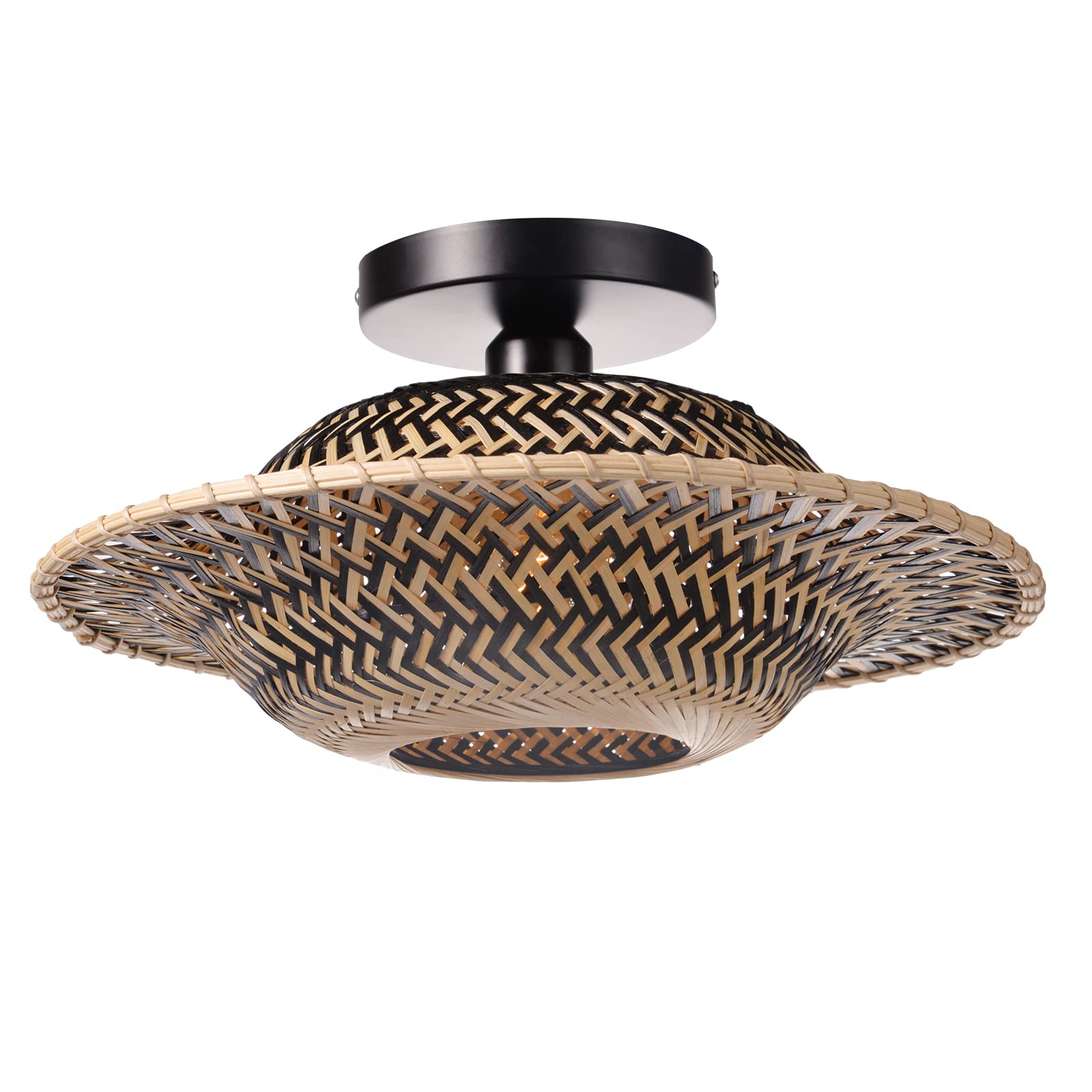 Arturesthome Black Bamboo Flush Mount Light Fixture, Boho Semi Ceiling Lamp, Wicker Drum Rustic Farmhouse Chandelier for Kitchen Island Sink Dining Room Bedroom