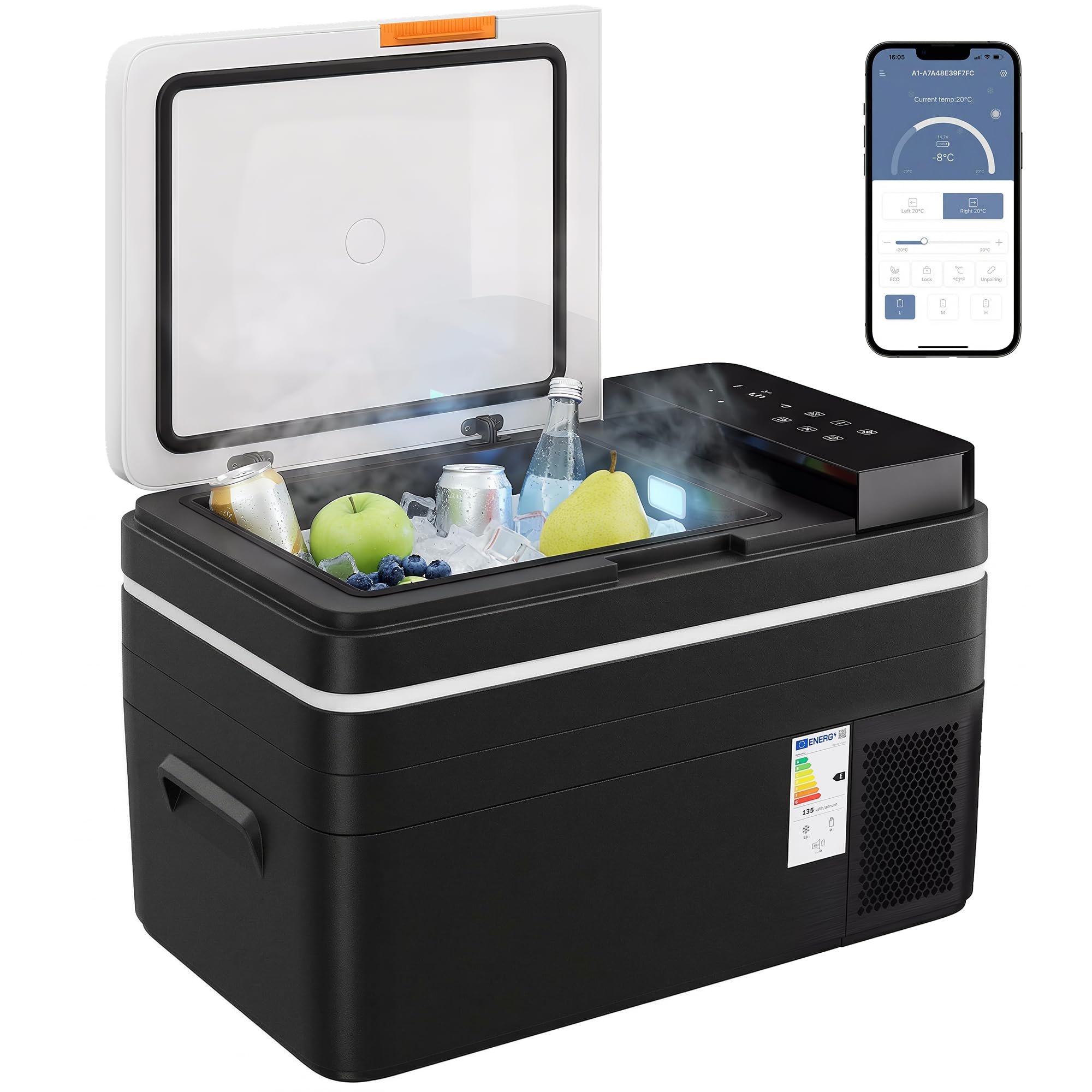 Outsunny Frigorifero Portatile per Auto 30L con Compressore, Frigo Portatile Elettrico Anti-Shock, APP Bluetooth, 12/24V DC e 100-240V AC, -20°C a 20°C, per Campeggio Camion Barca Camper, Nero