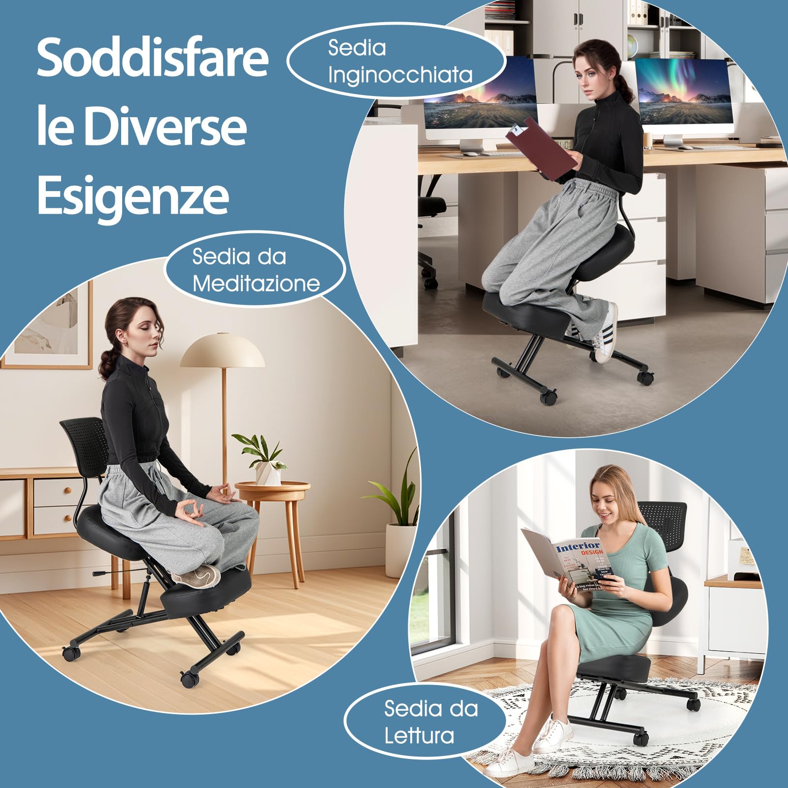 COSTWAY Sedia Ergonomica Inginocchiata con Schienale e Ruote, Sedia da Ginocchio Regolabile Posturale Struttura in Metallo, Sgabello Ergonomica per Casa e Ufficio (con Schienale)