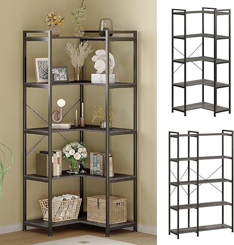Tohomeor Estantería esquinera deformable de 5 niveles, de pie, moderna, industrial, para dormitorio, sala de estar, sala de estudio, oficina (gris