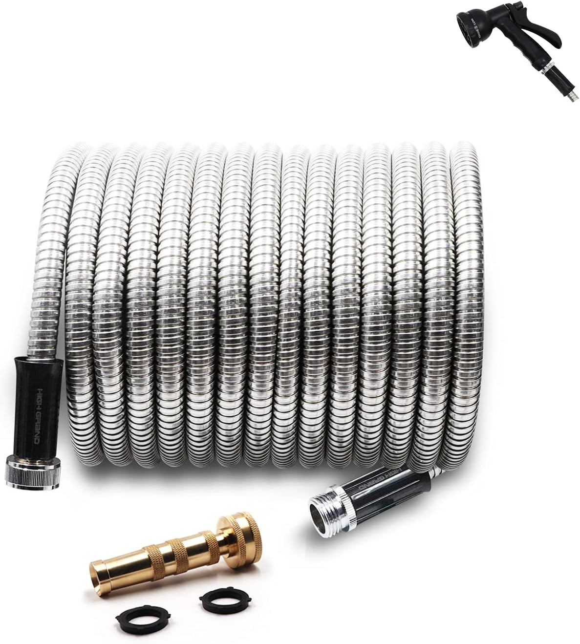 HIGH GRAND 50 ft 304 Stainless Steel Metal Garden Hose Pipe With Solid Brass Nozzle, 8 Function Spray Gun,Lightweight Portable Durable Flexible and No Kink Cool to The Touch Tangle Puncture Resistant