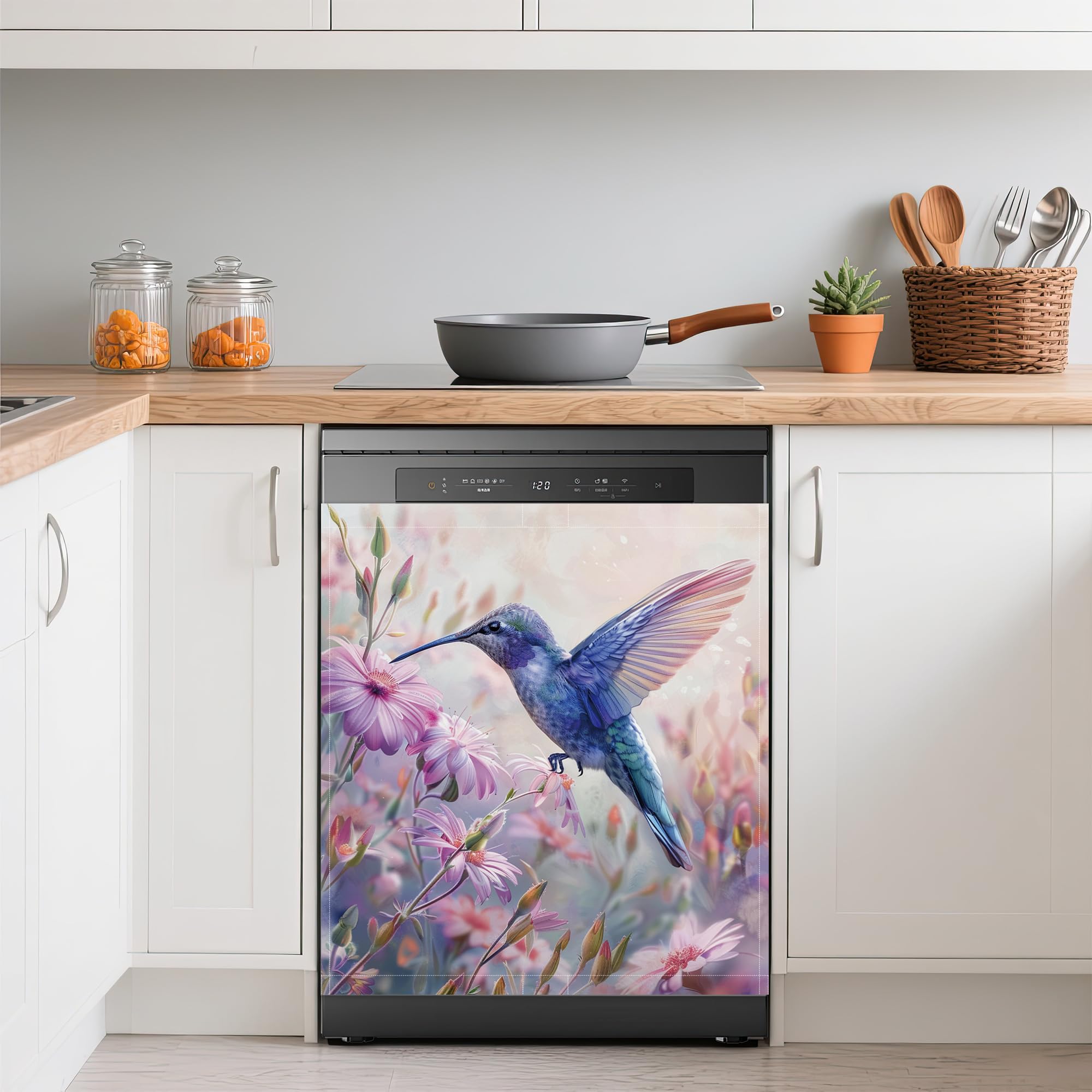Dishwasher Cover,Spring Hummingbird Reusable Dishwasher Magnet Cover,Decorative Purple Flowers Magnetic Refrigerator Cover Front Panel Cover for Kitchen Decor 23x26 Inch