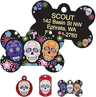 GoTags Day of The Dead Personalized Dog Tags, Skull, Halloween Pet ID Tags with up to 4 Lines of Custom Text