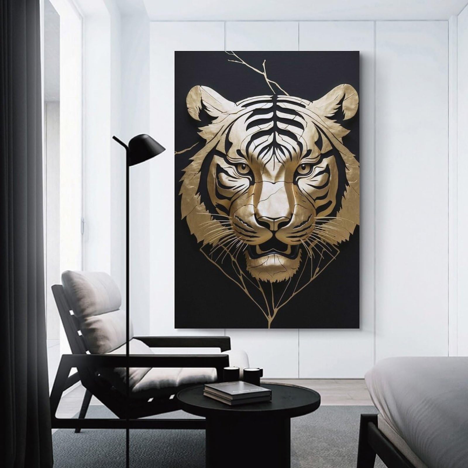 Junmoney Golden Tiger Head on Black Background Wall Art Print, 20x30inch(50x75cm), for Office, Study Or Home Workspace, Decorative Artwork for Productive Spaces