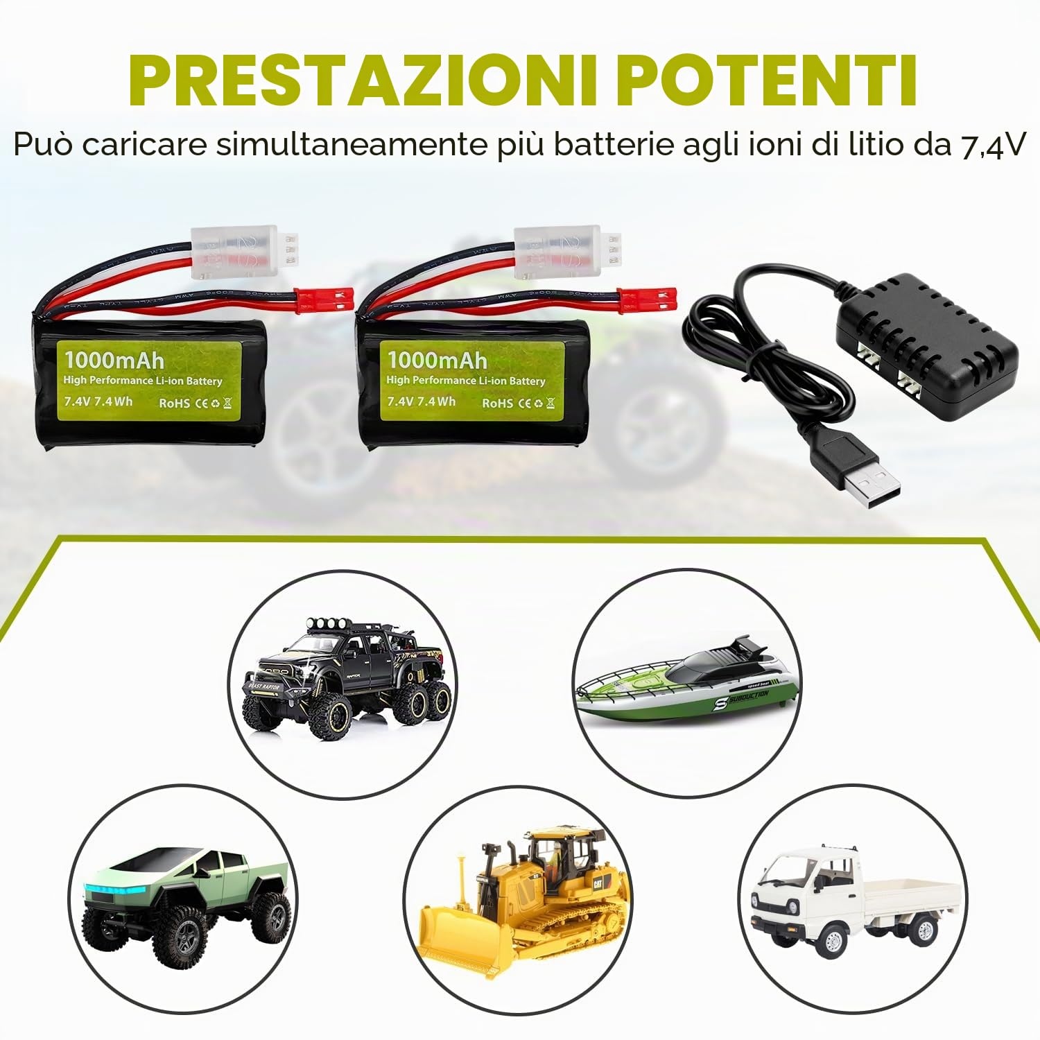 2PCS 7.4V 1000mah 2S batteria agli ioni di litio con spina JST con caricatore 2-in-1 Adatto per auto RC, flipper acrobatici, camion, modelli di auto giocattolo off-road veicoli