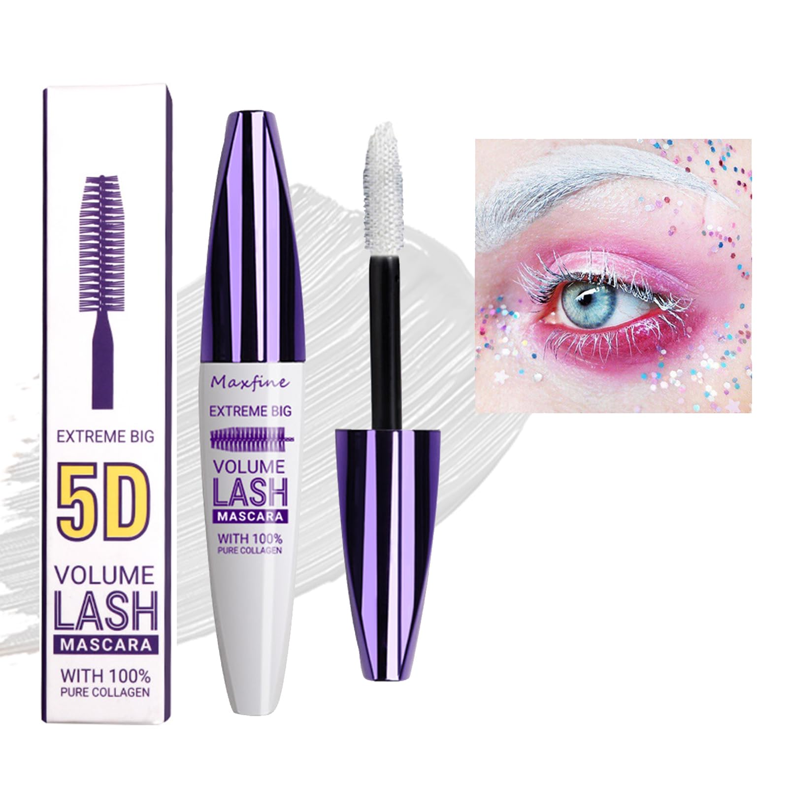 White Volume Lash Mascara, 5D Silk Fiber Lash, Colored Mascara Waterproof Long Lasting Eye Lash Mascara Smudge-Proof Volume Lengthening Mascara , Defining, Curling,Color Mascara Makeup Eye Lashes Party Stage Use (3# White)