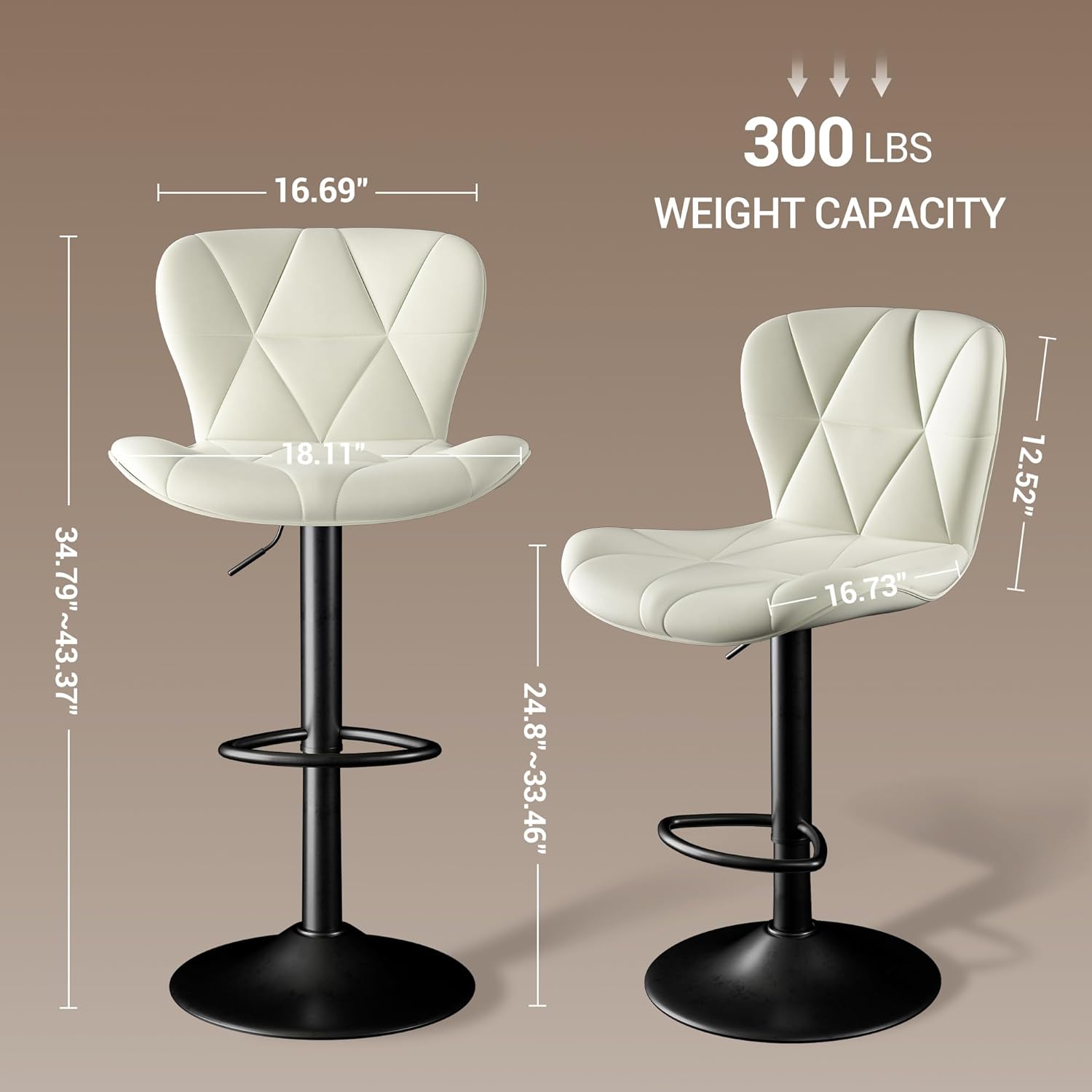 Modern Bar Stools Set of 2, 360°Swivel Counter Height Stools Adjustable Height 24.8"-33.46", Faux Leather Upholstered Kitchen Stools White