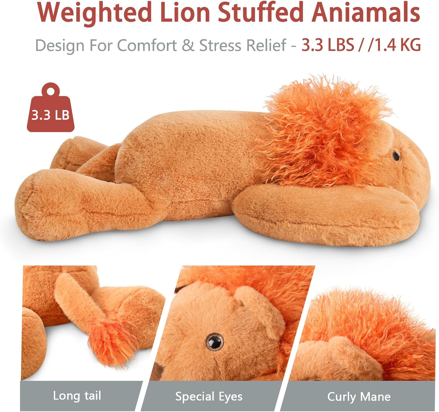 Niuniu Daddy 20" | 3.3 Pound Weighted Lion Stuffed Animals for Adults, Cute Soft Lion Plush Toy for Toddler Teens Kids, Large Lap Animal Body Pillow with for Present Christmas Birthday - Image 3
