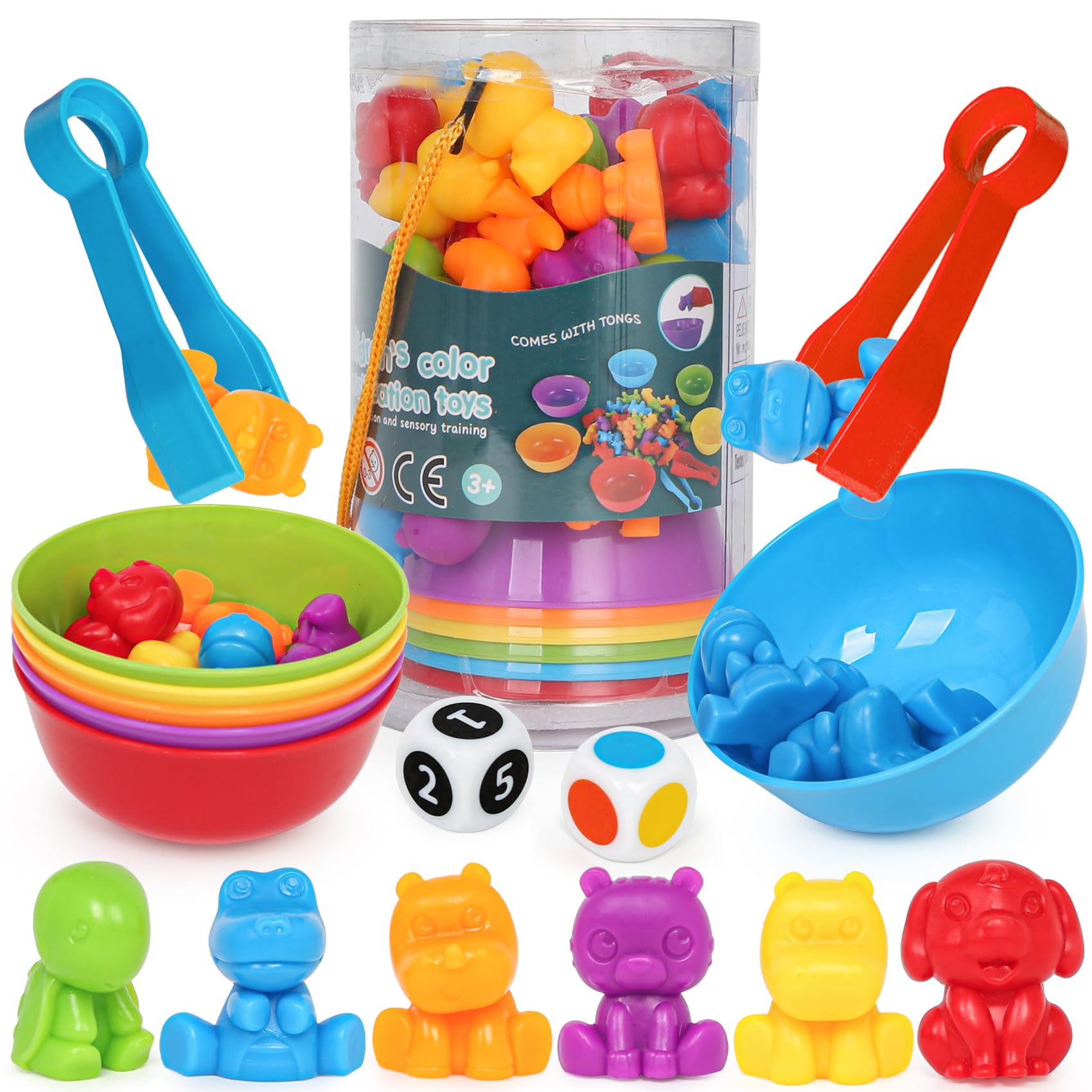 FQKIOMY Counting Animals Color Sorting Toys with Rainbow Bowls,Montessori Sensory Educatioal Learning Matching Games Easter Basket Stuffers for Toddler Ages 3+