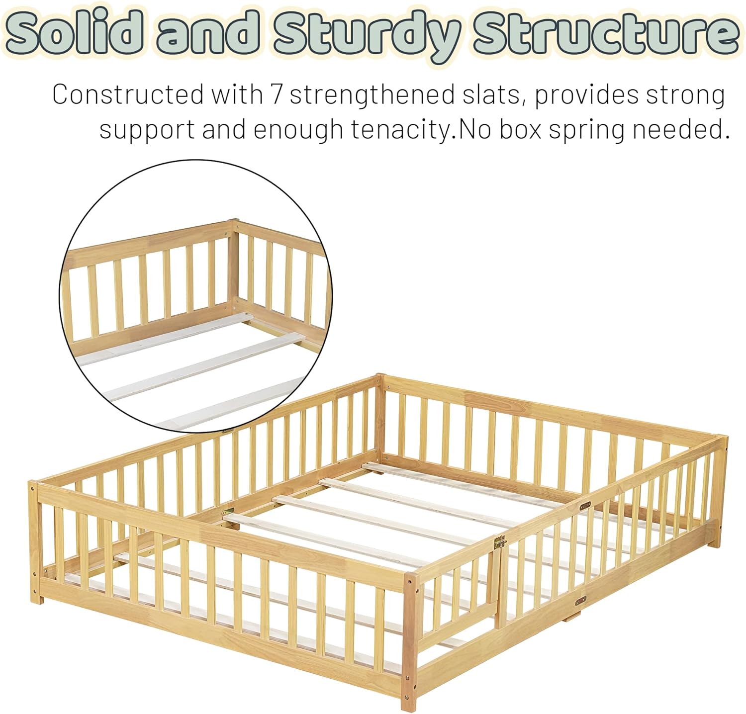 Queen Floor Bed with Safety Guardrails for Kids, Rubber Wood Montessori Bed with Slats and Convertible Door,Queen Size Bed Frame for Girls and Boys,No Box Spring Needed,Natural