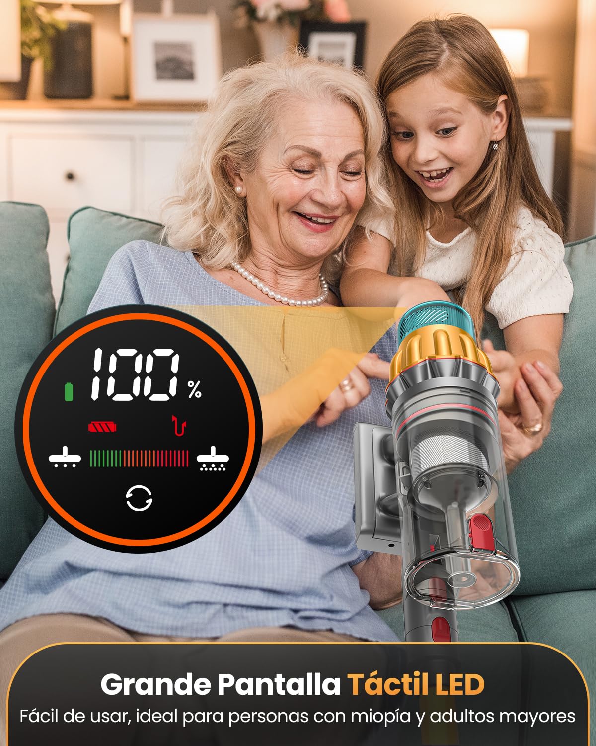 48 Kpa/550W/70Min Aspiradora sin Cable, 2.0L Aspirador de Mano con Pantalla Táctil, Cepillo Antienredos, Carga de Pared, Escoba Aspiradora sin Cable para Suelo Alfombra Pelos de Mascotas Automóviles