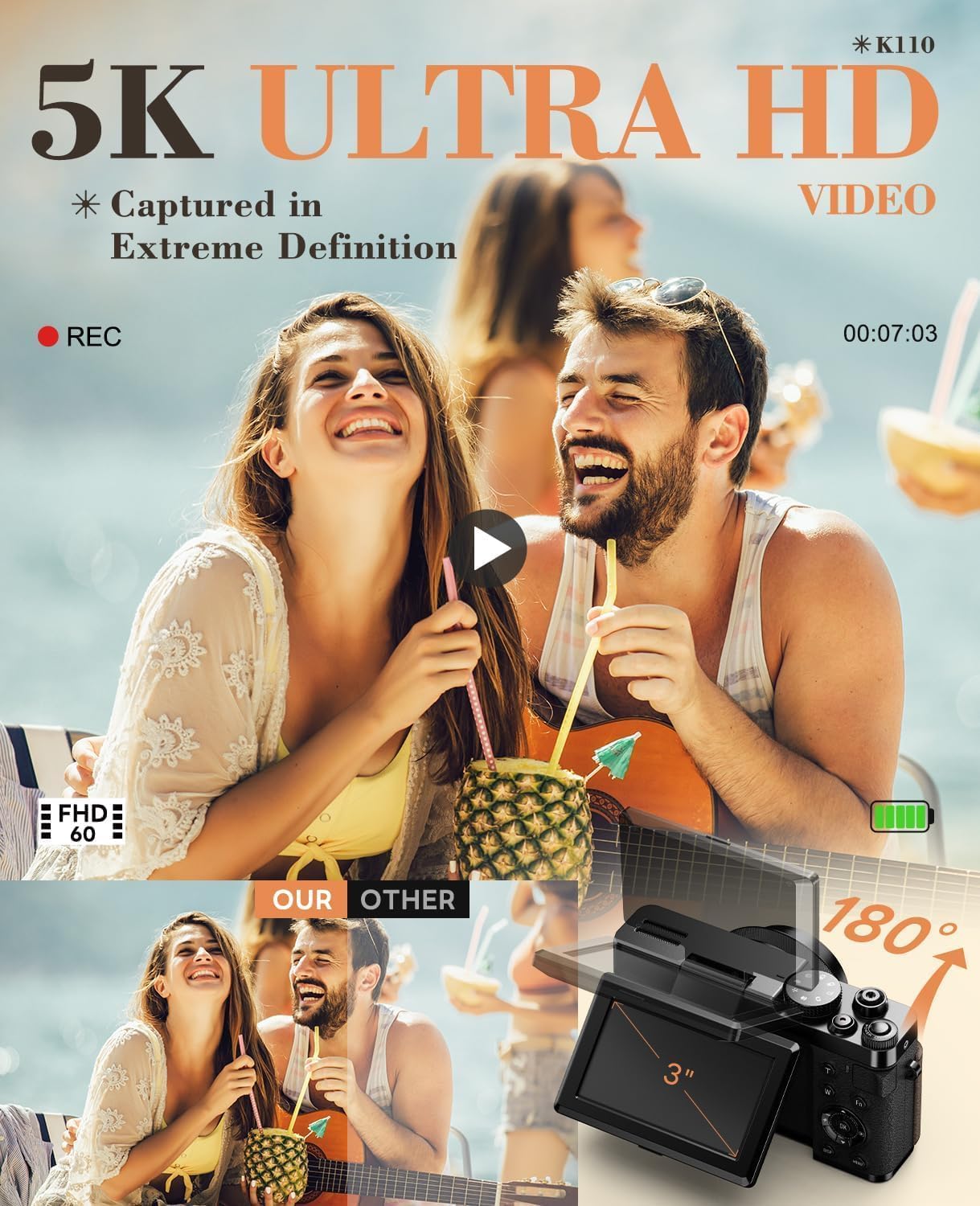 5K 64MP Digital Camera for Photography & YouTube Vlogging - 18X Zoom UHD Autofocus Video Camera with 3" 180° Flip Screen, 64GB TF Card & 2 Batteries - Compact Travel