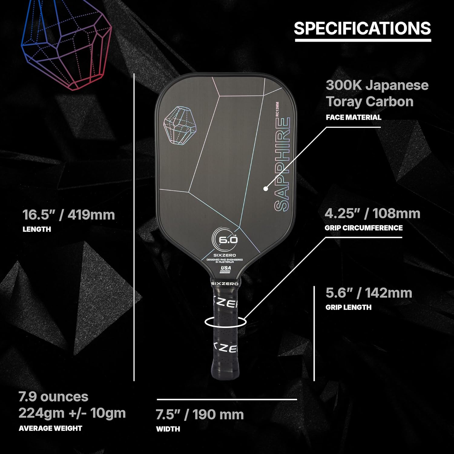 Six Zero Sapphire Pickleball Paddle | 13mm Core | Thermoformed Carbon Surface & Elongated Handle