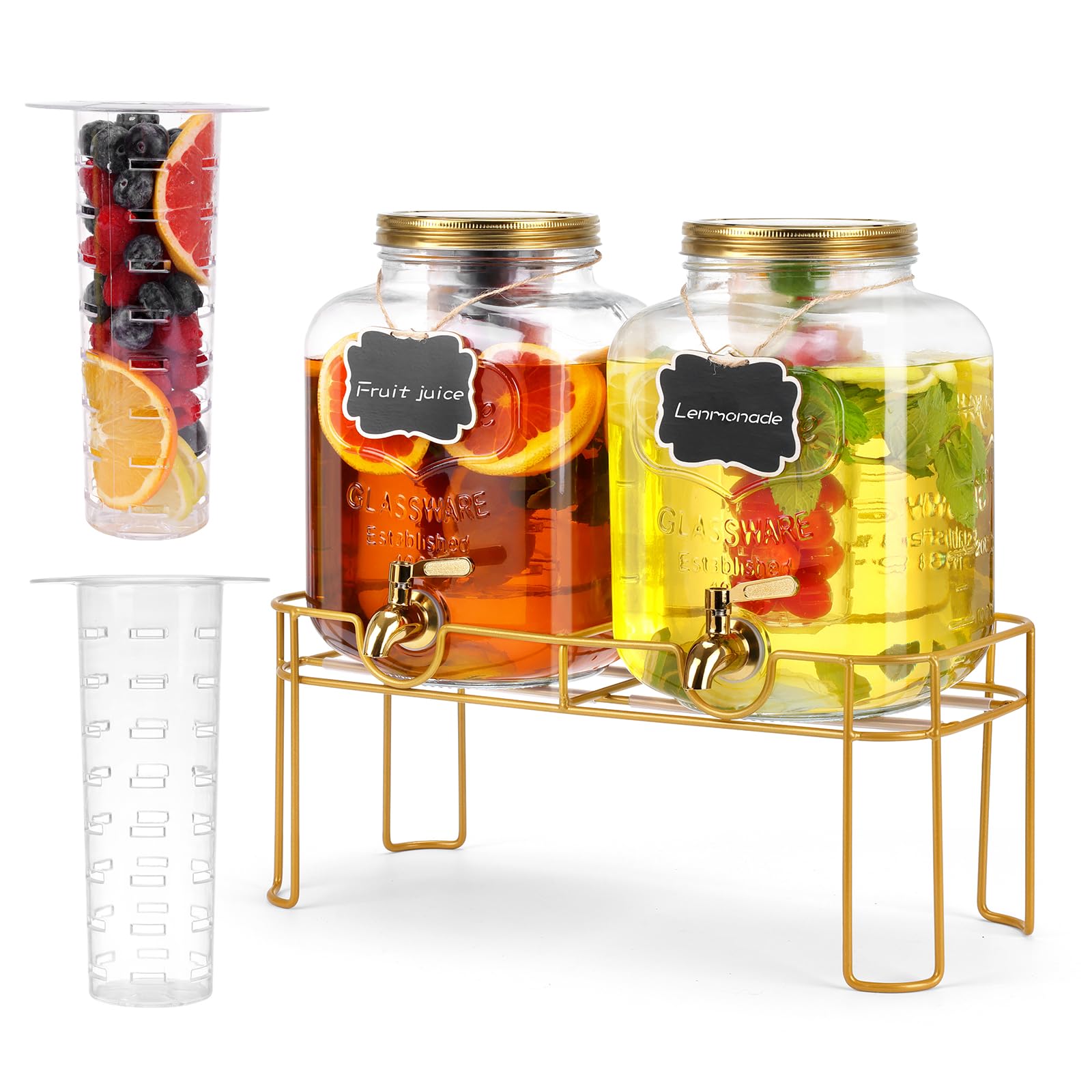 1.6 gallon Glass Beverage Dispenser with Stand, 2PACK Lemonade Dispenser with Spigot Stainless Steel, Drink Dispensers for Parties,Picnic,Weddings(