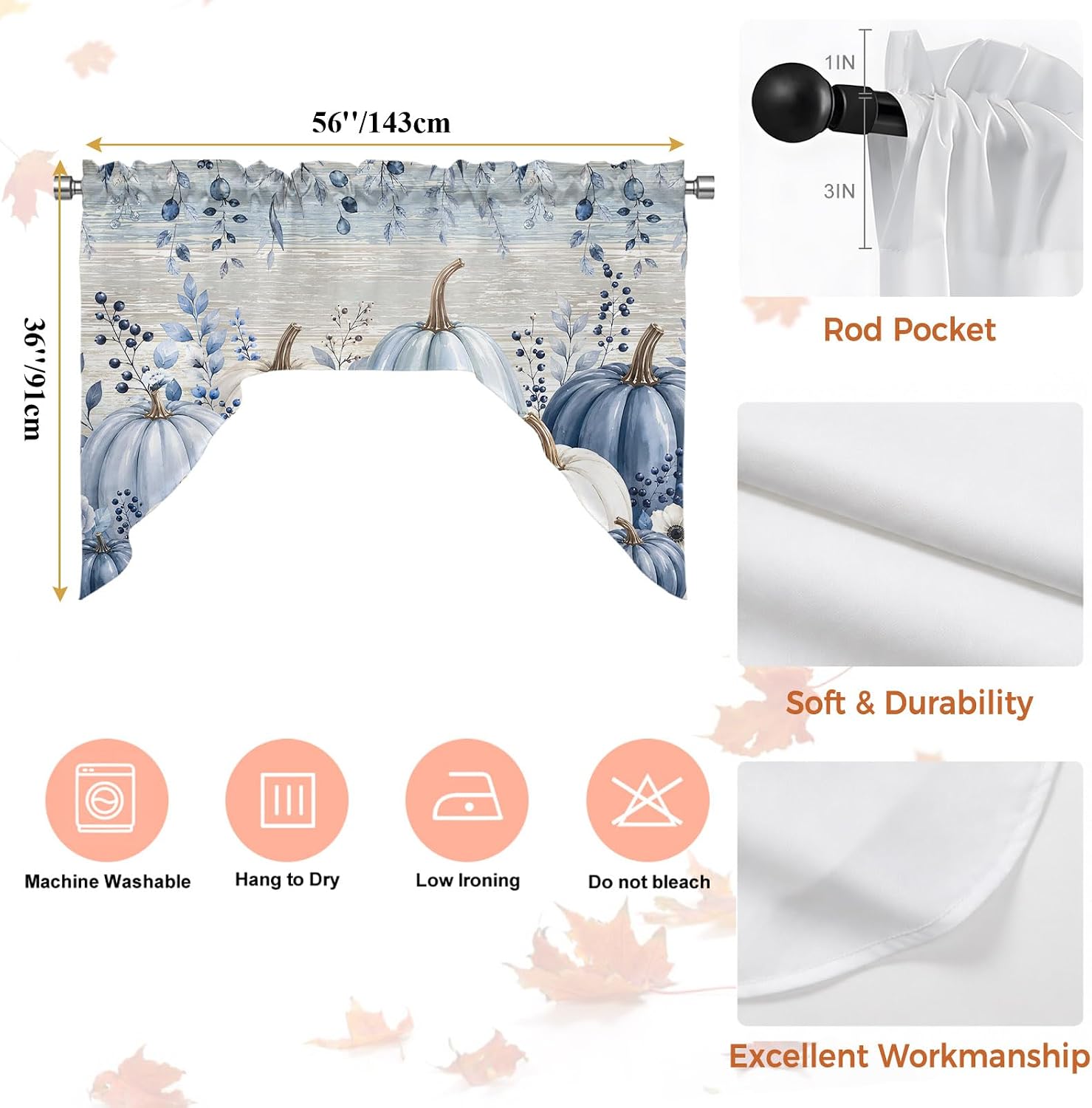 Blue Grey Pumpkins Fall Swag Valances for Windows, Thanksgiving Kitchen Window Curtains Over Sink, Floral Botanical Vintage Rod Pocket Window Treatment Swag Curtain Drapes for Bedroom Bathroom 56"x36"