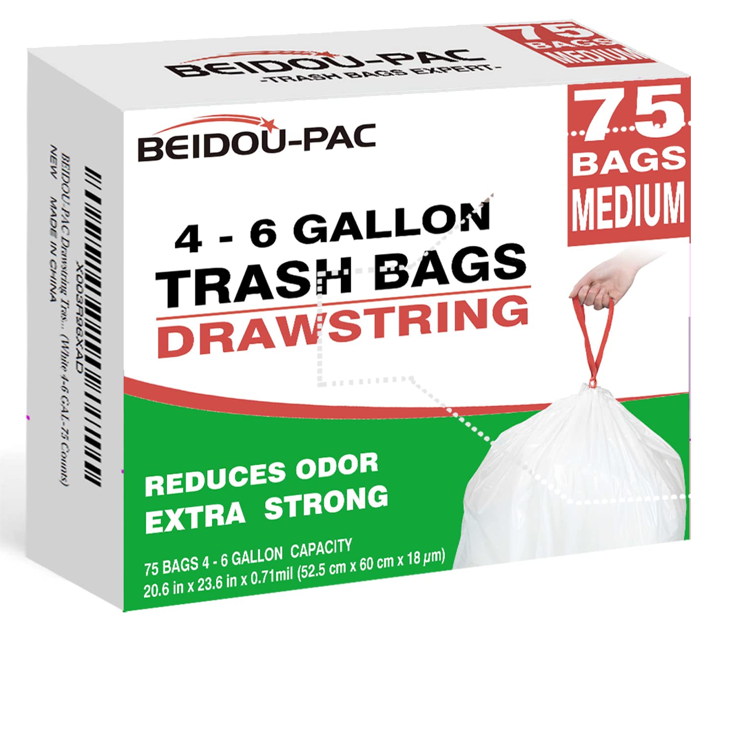 BEIDOU-PAC Trash Bags 4-6 Gallon Drawstring, 75 Count Garbage Bags, Medium Kitchen Trash Bags, Odorless & Heavy Duty White Plastic Food Scrap Bags for