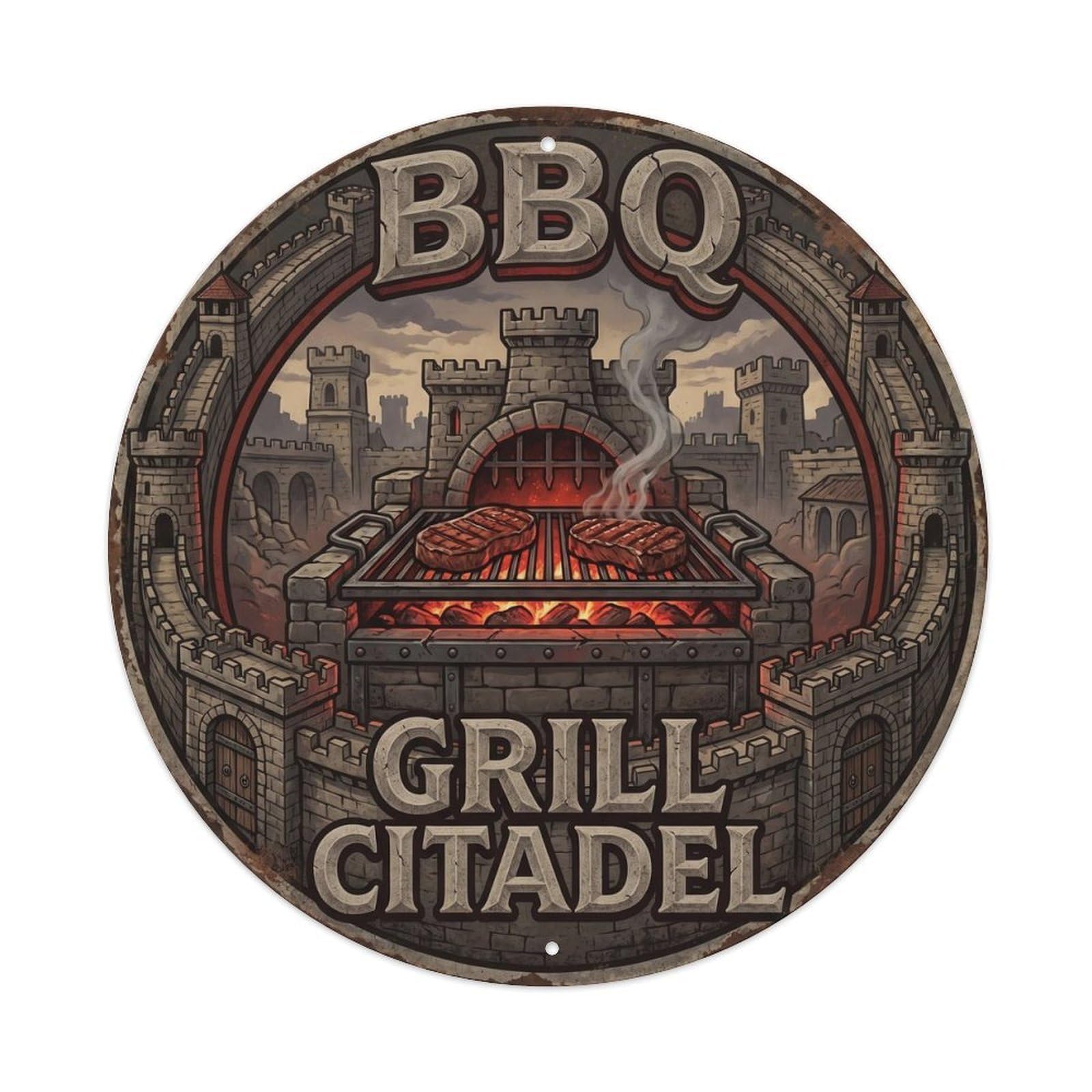 BBQ Barbecue Grill Citadel Vintage Metal Tin Sign Plaque Wall Decor for Cafe, Club, Garden Round Metal Poster 8x8Inch