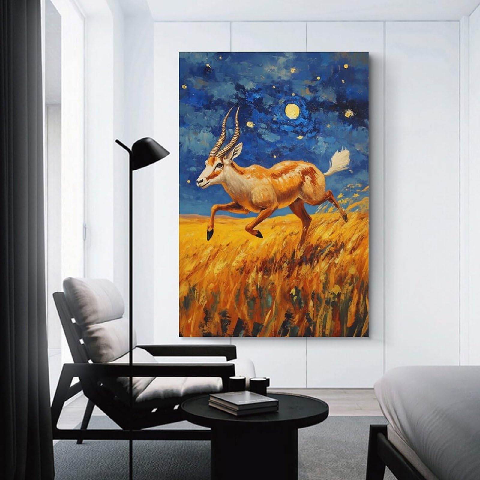 Junmoney Antelope Running Under Starry Night Painting Decorative Canvas Print, 24x36inch(60x90cm), for Gallery Wall Decor And Room Displays, Wall Decor Suited to Curated Displays