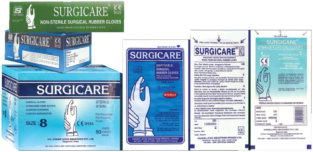 Dhamsons Healthcare Surgicare 7.0-Inch Pre-Powdered Sterile Surgical Gloves -Box of 25 Pairs
