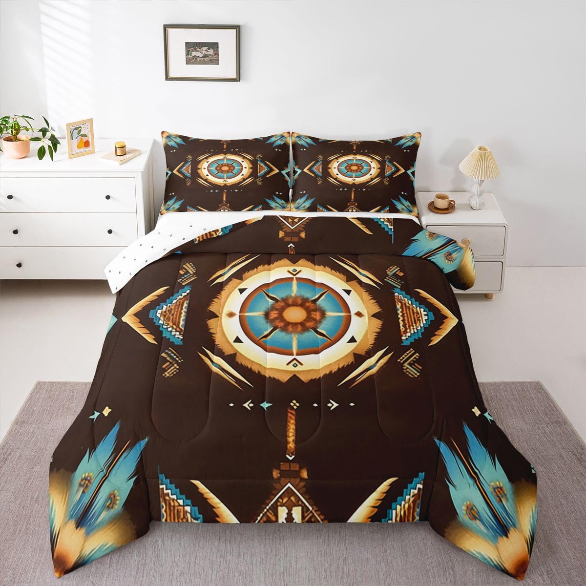 jejeloiu Southwestern Kids Comforter Set King Size Tribal Native Bedding Set Deep Brown Teal Duvet Quilt for Kids Boys Girls Bedroom Decor Microfiber Ultra Soft Breathable