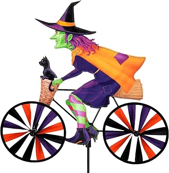 Bike Spinner Witch 20" Spooky Halloween Design, Weather-Resistant Outdoor Decor, Durable & Lightweight for Patios, Yards, and Gardens - Eye-Catching Wind Spinner with Rotating Wheels