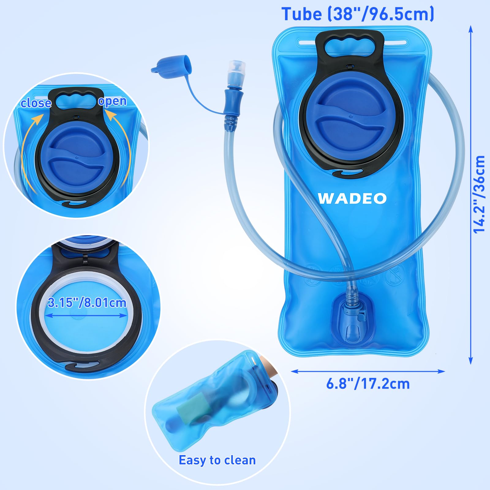 WADEO Sacca Idrica 2L, Sacca Acqua per Zaino a Prova di Perdite con Spazzola Pulita e Sciarpa Copriviso, Senza BPA, Borsa Sacca Acqua, Trekking, Corsa, Campeggio e Arrampicata, Blu