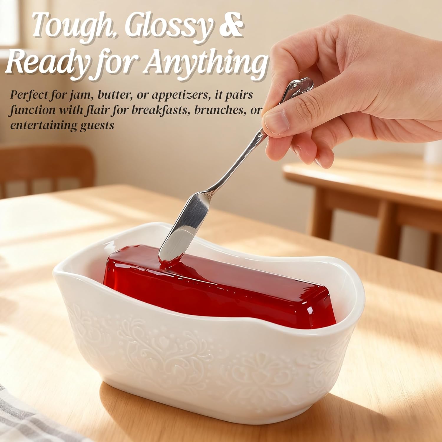 2 Pack Cranberry Sauce Serving Dish with Spoon, 7"x 3.5" Ceramic Sauce Entertaining Dish, 16 OZ Dip Serving Bowl for Appetizer, Charcuterie, Snack, Condiment, Microwave & Dishwasher Safe