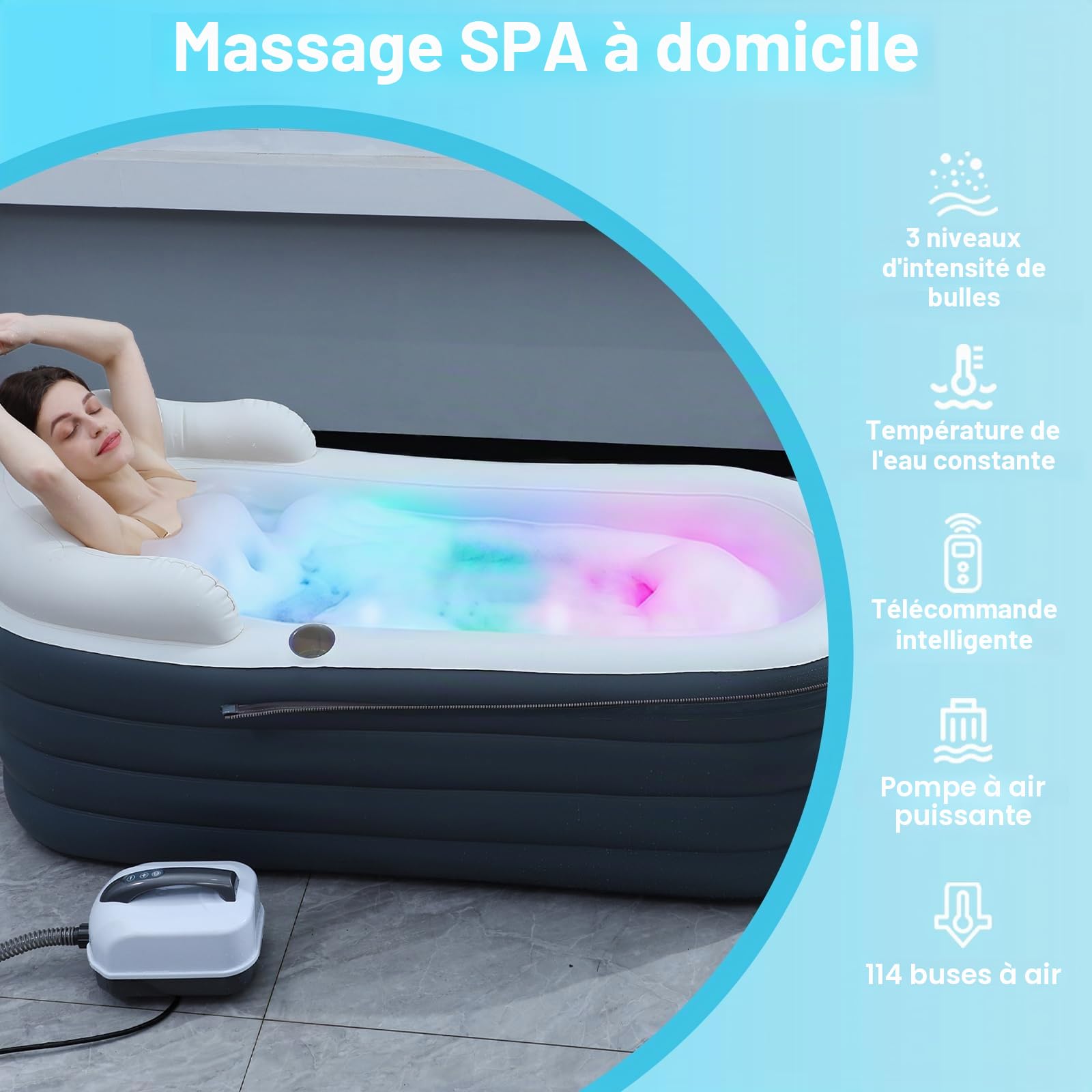 Baignoire portable pour adultes avec matelas de massage à air, baignoire spa avec éclairage LED romantique, oreiller/appui-tête/accoudoirs (pompe à air incluse)