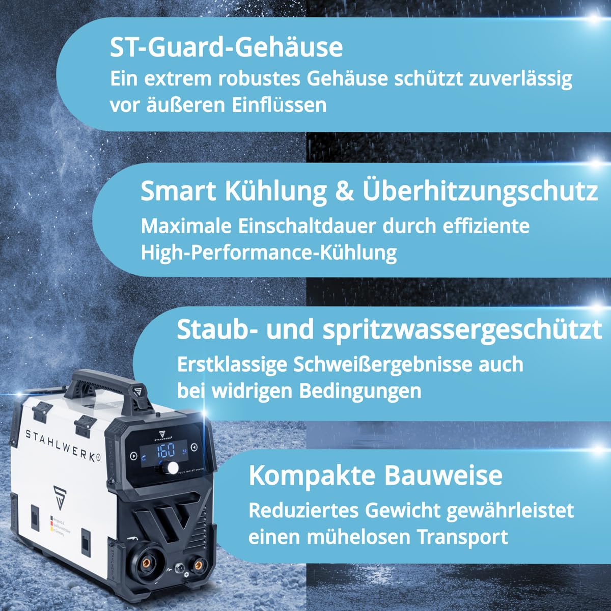STAHLWERK Schweißgerät FLUX 160 ST Digital – Vollausstattung – 3-in-1 Kombi mit 160 A, Fülldrahtschweißen ohne Schutzgas, MMA (E-Hand/ARC), Lift-TIG (DC), synergischer Drahtvorschub, LED-Licht