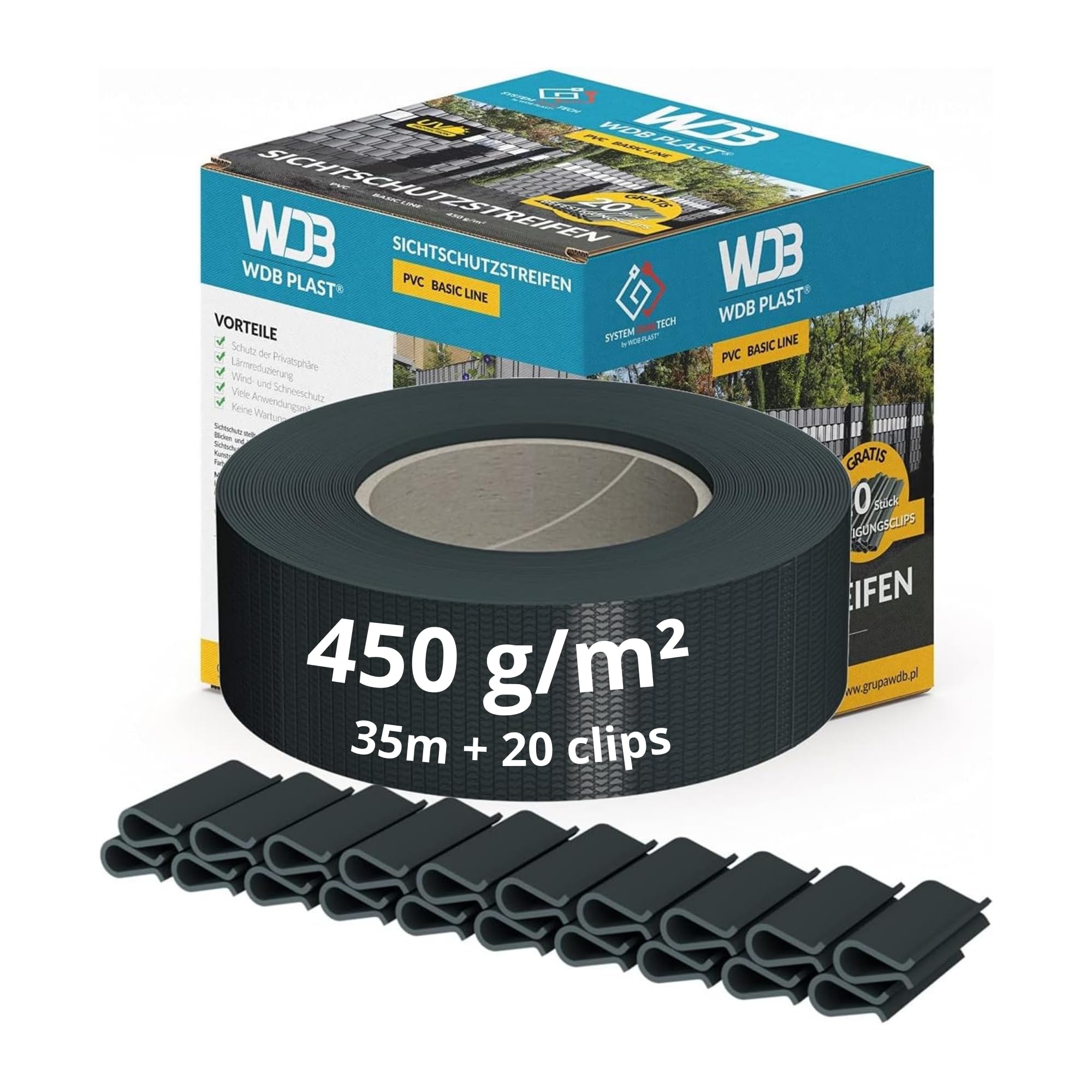 WDB Basic Line 4 stuks PVC zichtwerende strips voor dubbelstaafmatten inkijkbescherming voor tuinhek & dubbelstaafmattenhek - met montageclips - 35m x 19cm - grijs RAL 7040 WDB Basic Line 4 stuks PVC zichtwerende strips voor dubbelstaafmatten inkijkbescherming voor tuinhek & dubbelstaafmattenhek - met montageclips - 35m x 19cm - grijs RAL 7040