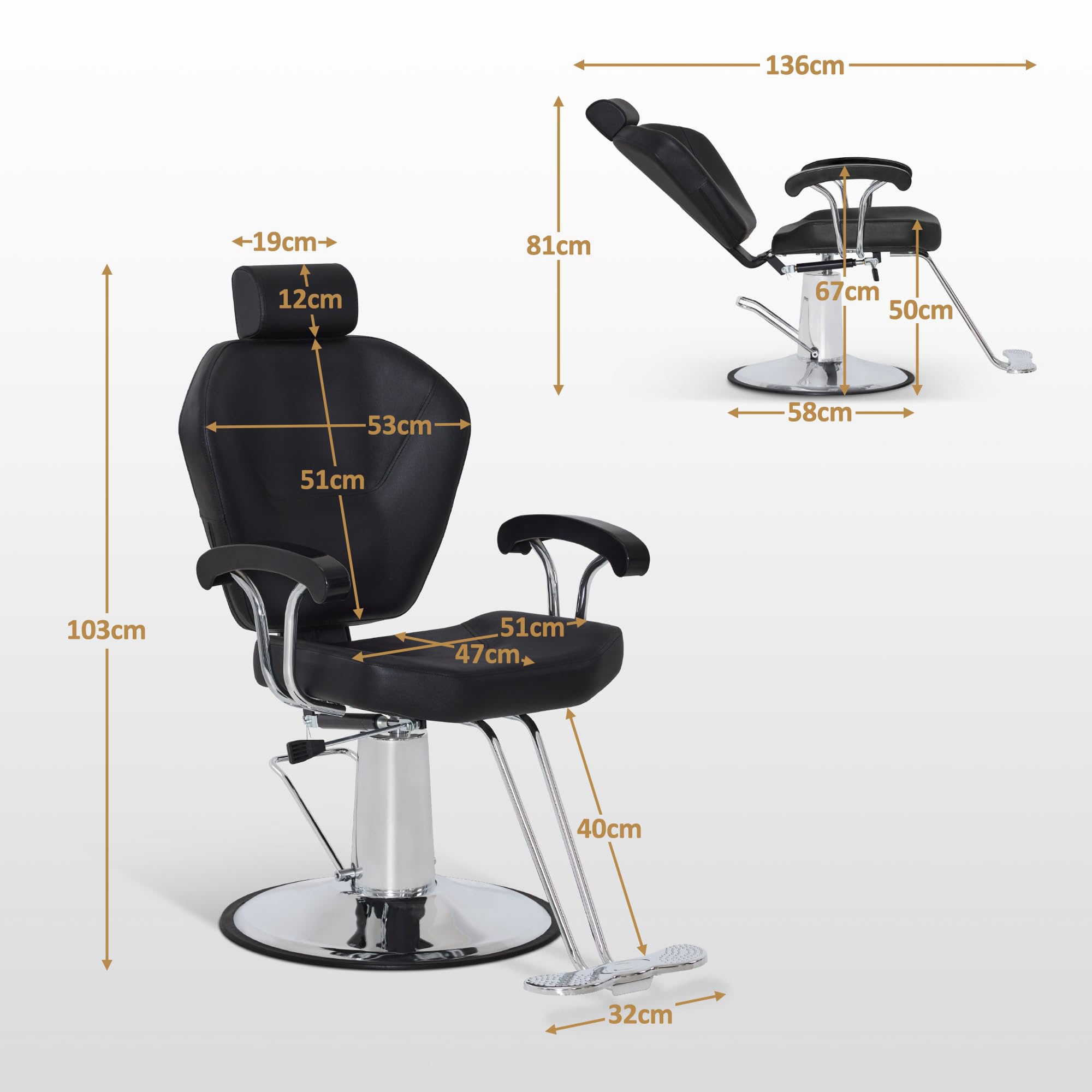 Barberpub Friseurstuhl mit Kopfstütze, Hydraulikpumpe 360° Drehbar, Höhenverstellbar, PVC Kunstleder, Schwarz