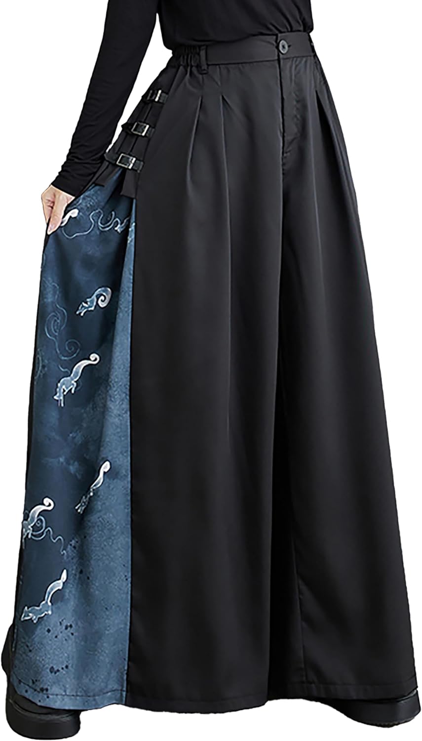 ellazhu Women's Pants Button Black Blue Pattern Patchwork Loose Oversize Length to Ankle GZ253 A