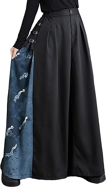 ellazhu Womens Pants Button Black Blue Pattern Patchwork Loose Oversize Length to Ankle GZ253 A
